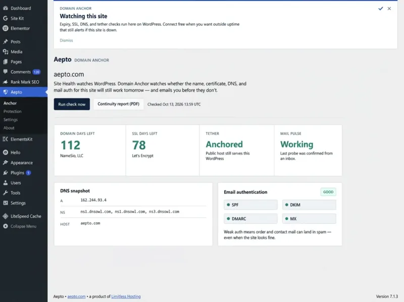 Aepto Domain Anchor screen in wp-admin showing domain days left, SSL days left, tether status, Mail Pulse, a DNS snapshot and email authentication grade