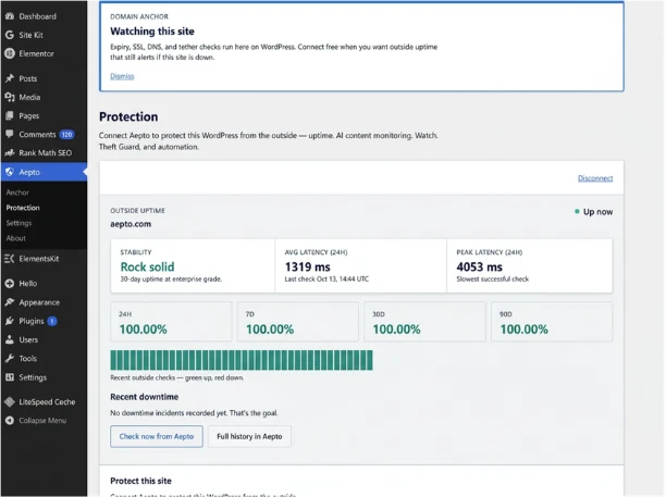 Aepto Protection screen in wp-admin showing outside uptime, latency and 24 hour to 90 day uptime
