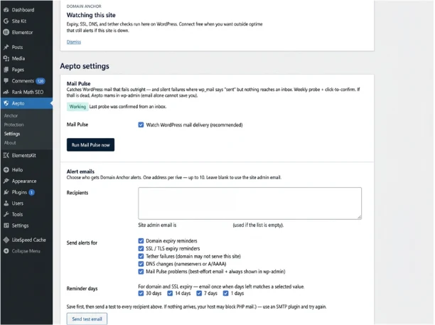 Aepto Settings screen in wp-admin with Mail Pulse, alert recipients, alert types and reminder days