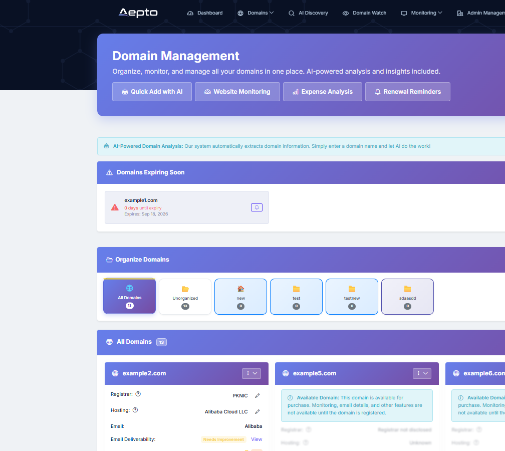 Aepto domain inventory listing many domains with registrar and renewal details