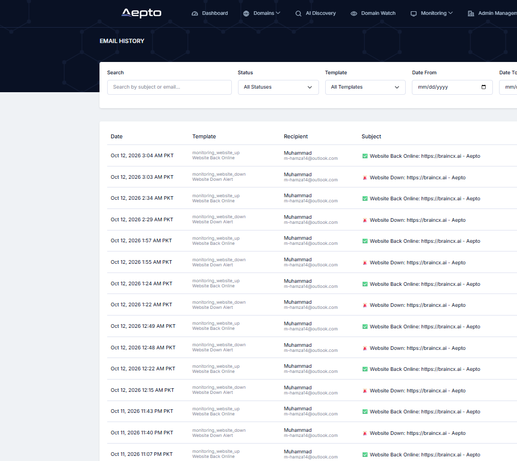 Aepto email alert history