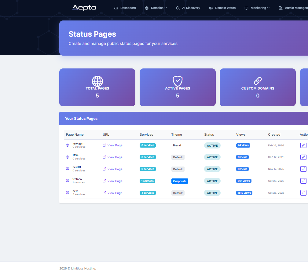 Aepto public status page showing service uptime